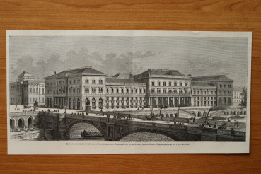 Holzstich Pest 1871 Hauptzollamtsgebäude unter Donauzeile Ungarn